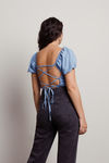 See You There Blue Ruched Open Back Crop Top