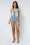 Wink It Halter Denim Romper - Blue