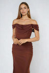 Catch the Glow Off Shoulder Bodycon Maxi Dress - Brown