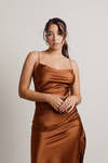 On A Mission Brown Satin Cowl Neck Slit Midi Dress