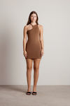 Pull It Off Brown Asymmetrical Cutout Bodycon Mini Dress