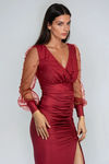 Angel Edge Satin Pearl Midi Dress - Burgundy
