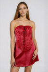Kiss Gently Lace Up Satin Mini Dress - Burgundy