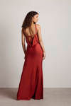Late Nights Burgundy Ruched Cowl Backless Slit Maxi Dress