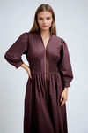 Chic Motion Front Zip Smocked Midi Dress - Chocolate