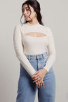 Come At Me Cream Ribbed Mock Neck Cutout Bodysuit
