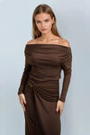 Truffle Luxe Off Shoulder Wrap Midi Dress - Dark Brown