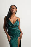 Bright Lights Emerald Satin Cowl Neck Slit Maxi Dress