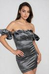 Velour Charm Satin Off Shoulder Mini Dress - Gunmetal