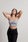 Free Butterfly Embroidered Crop Top - Heather Grey