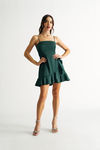 Beezus Hunter Green Satin Ruffle Wrap Skater Mini Dress