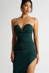 Divine Touch Hunter Green Strapless Slit Bodycon Maxi Dress