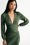 Kentrell Hunter Green Deep V Ruched Bodycon Midi Dress