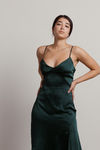 Rylie Satin High Slit Midi Dress - Hunter Green