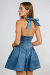 Play It Sweet Halter Denim Mini Dress - Indigo