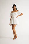 Alison Ivory Puff Sleeve Ruched Skater Mini Dress