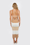 Zenia Khaki Stripe Striped Color Backless Lace Up Knitted Maxi Dress