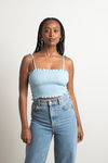 Care About Me Light Blue Smocked Tie Strap Crop Tank Top