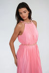 Honey Chain Halter Pleated Maxi Dress - Light Coral
