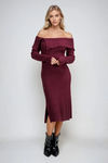 Femme Allure Buttoned Off Shoulder Midi Dress - Maroon