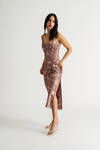 Dolores Mauve Floral Satin Cowl Neck Slit Midi Dress