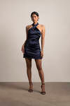 Just On Time Navy Halter Keyhole Satin Mini Dress