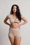 Stay Cozy Nude Tie Front Crop Top and Shorts Set