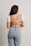 Celise Off White Puff Sleeve Open Back Lace-Up Crop Top