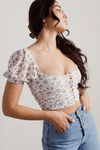 Siena Off White Floral Lace-Up Puff Sleeve Crop Top