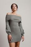 Chentelle Olive Balloon Sleeve Off Shoulder Sweater Dress