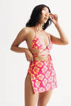 Hawaiian Flower Orange & Pink Bikini Set With Cover-Up Skirt