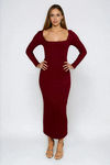 Easy Comfort Ribbed Square Neck Midi Dress - Rouge