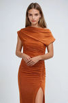 Velour Luxe Shimmer Slit Midi Dress - Rust