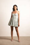 Carried Away Sage Gingham Tiered Babydoll Mini Dress