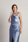 Maddy Sea Blue Cowl Neck Satin Slip Midi Dress