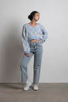 Pulling You Sky Blue Checkered V-Neck Crop Sweater