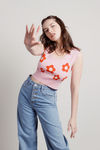 Paint By Flowers Strawberry Pink Floral Print Crop Sweater Tank