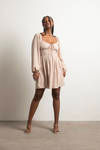 Float Away Taupe Lace Up Babydoll Mini Dress