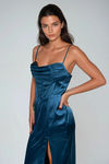 Siren Song Teal Satin Corset Bustier Slit Maxi Dress