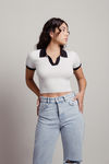 Calypso White & Black Contrast Collared Sweater Knit Crop Top