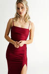 Time To Go Wine Ruched Slit Maxi Dress