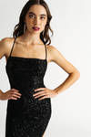 All About Me Black Sequin Backless Slit Maxi Dress