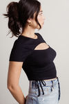 Free Ticket Black Ribbed Cutout Ruched Side Crop Top