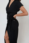 Invisible String Wrap Slit Maxi Dress - Black
