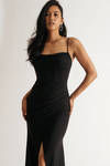 Lucia Black Draped Bustier Corset Slit Maxi Dress