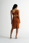 Lexi Brown Knot Cutout Asymmetric Midi Dress