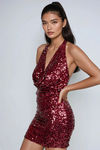 Radiant Muse Sequin Halter Mini Dress - Burgundy