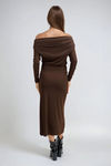 Truffle Luxe Off Shoulder Wrap Midi Dress - Dark Brown