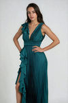Celestial Glow Deep V Pleated Maxi Dress - Dark Green