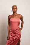 Stellar Dusty Rose Satin Ruched Side Slit Maxi Dress